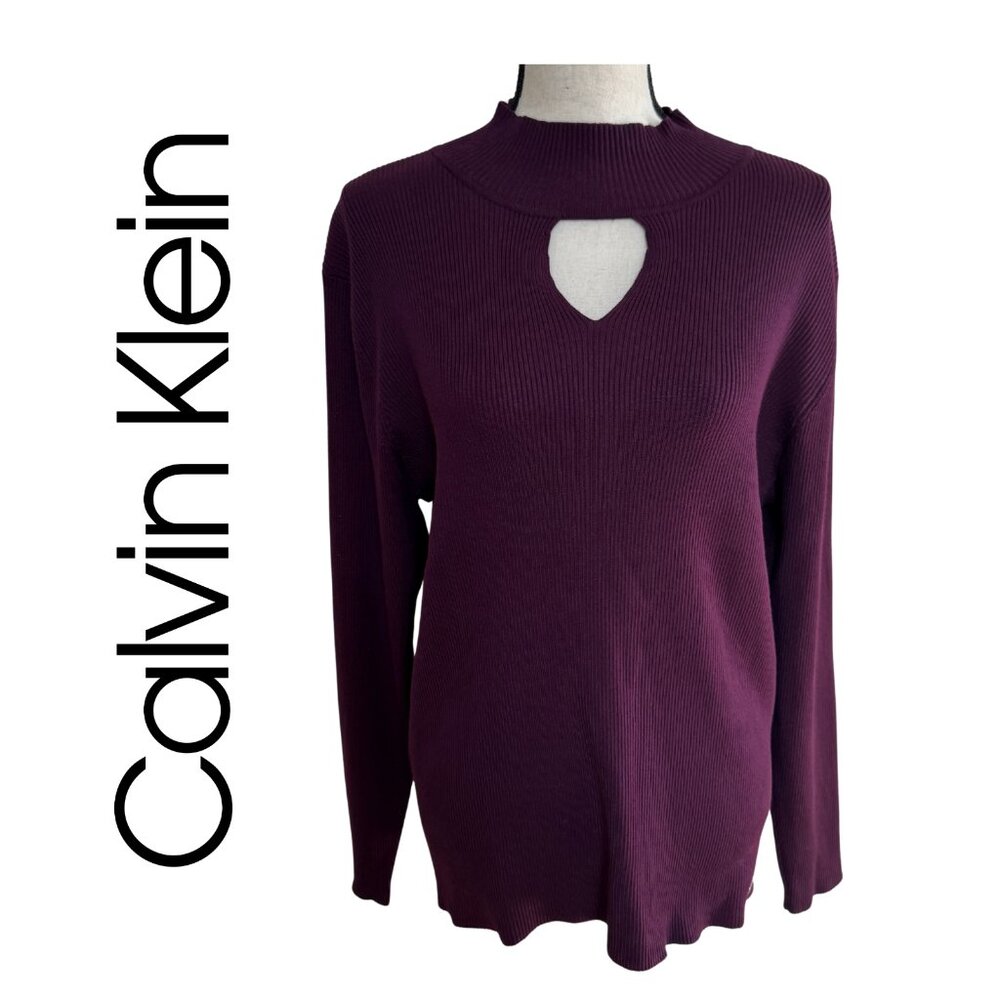 🌟NWT Calvin Klein Dark Purple Ribbed Mock Neck Keyhole Sweater XL - Picture 3 of 15